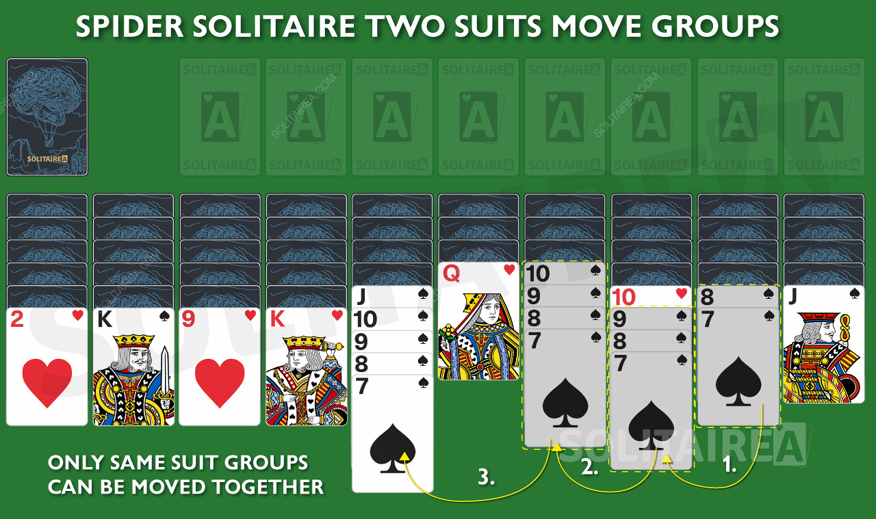 Spider Solitaire 2 Suitsでカードをグループ分けして動かす。