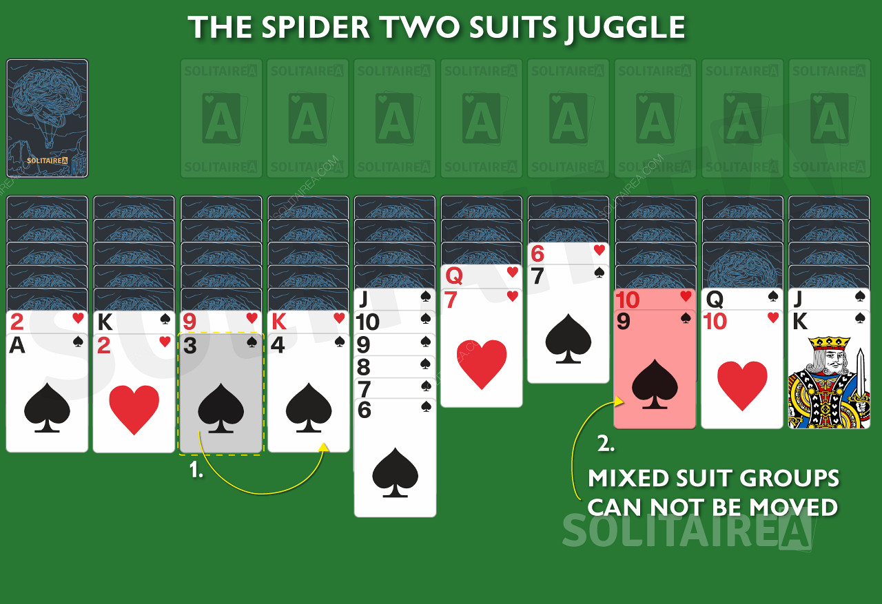 Spider Solitaire 2 Suitsでは、ミックススーツグループを移動させることはできません。